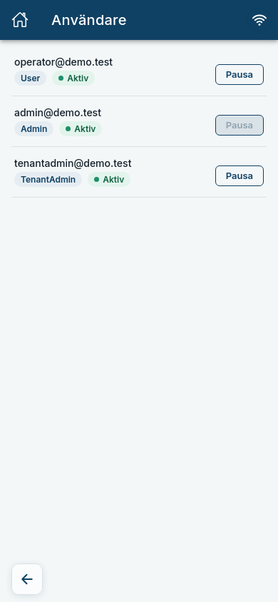 Användarlistan som Admin ser den, med knappen Pausa vid varje användare