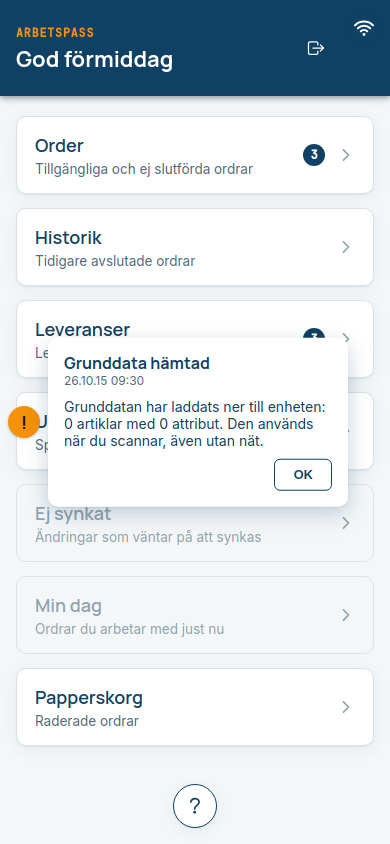 The notice Grunddata hämtad (Base data fetched)