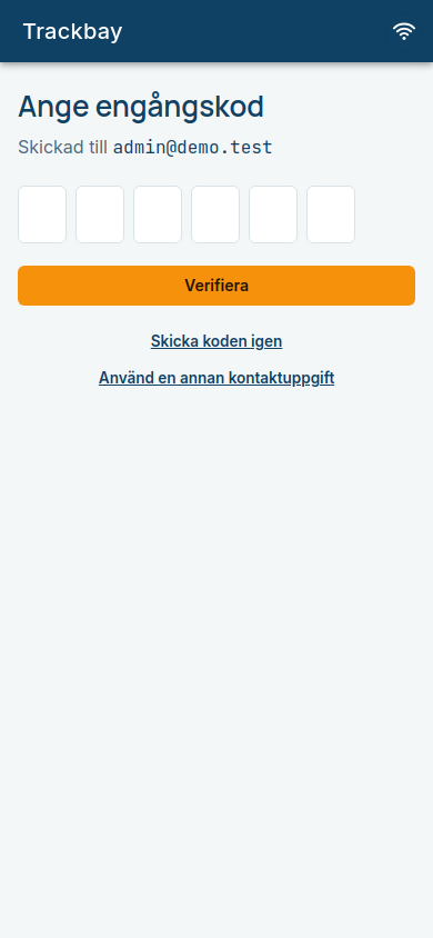 Sidan där engångskoden anges