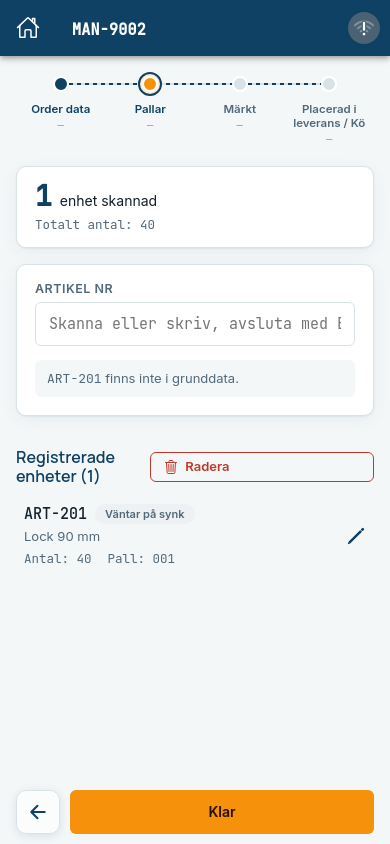 A pallet registered without a connection, marked Väntar på synk