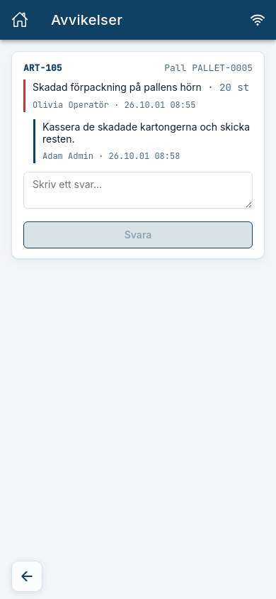 The deviation thread on an order, with a reply from an administrator
