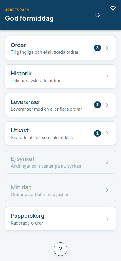 Startsidan med korten Order, Historik, Leveranser, Utkast och Ej synkat