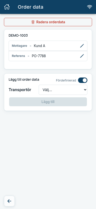 Order data on an order