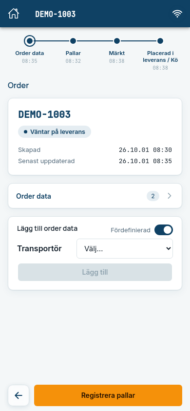Orderdetaljen med spårlinje, orderuppgifter och Registrera pallar
