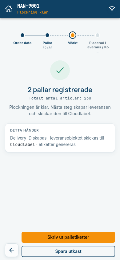Plockning klar with the buttons Skriv ut palletiketter and Spara utkast