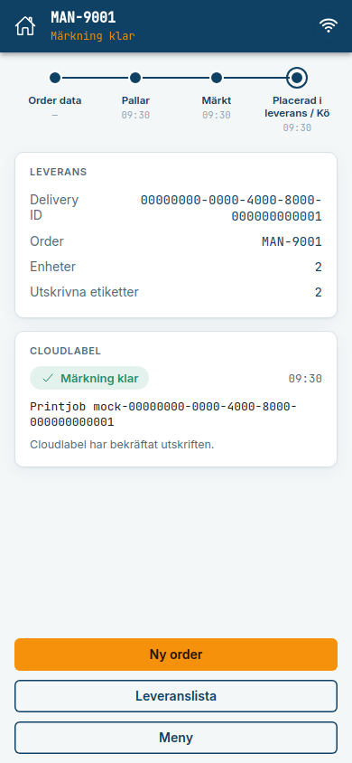 The delivery view when Cloudlabel has confirmed the print job