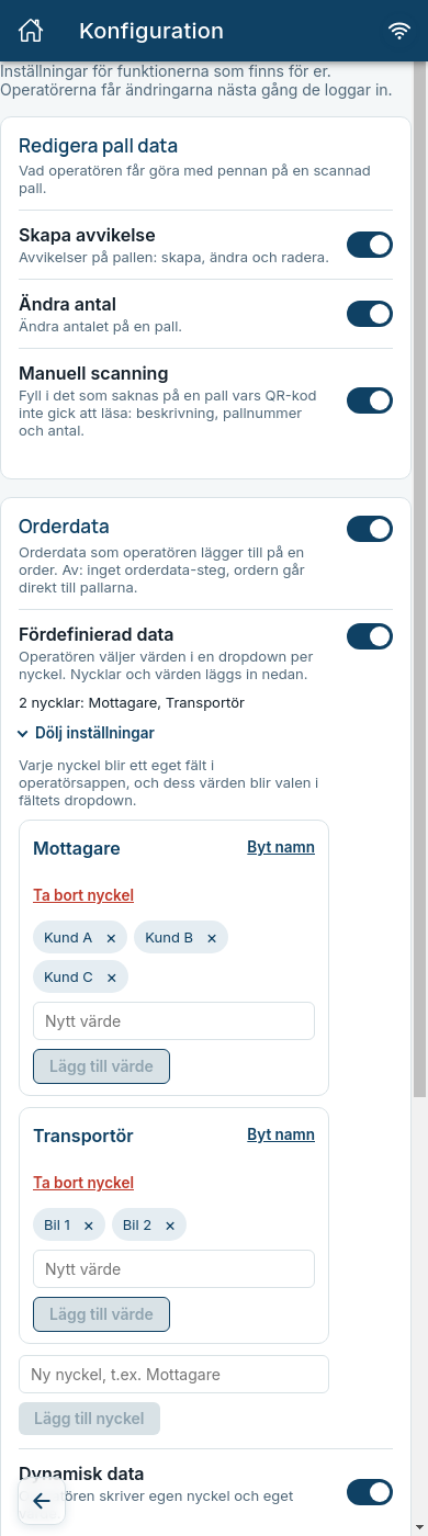The editor for predefined data with the keys Mottagare and Transportör