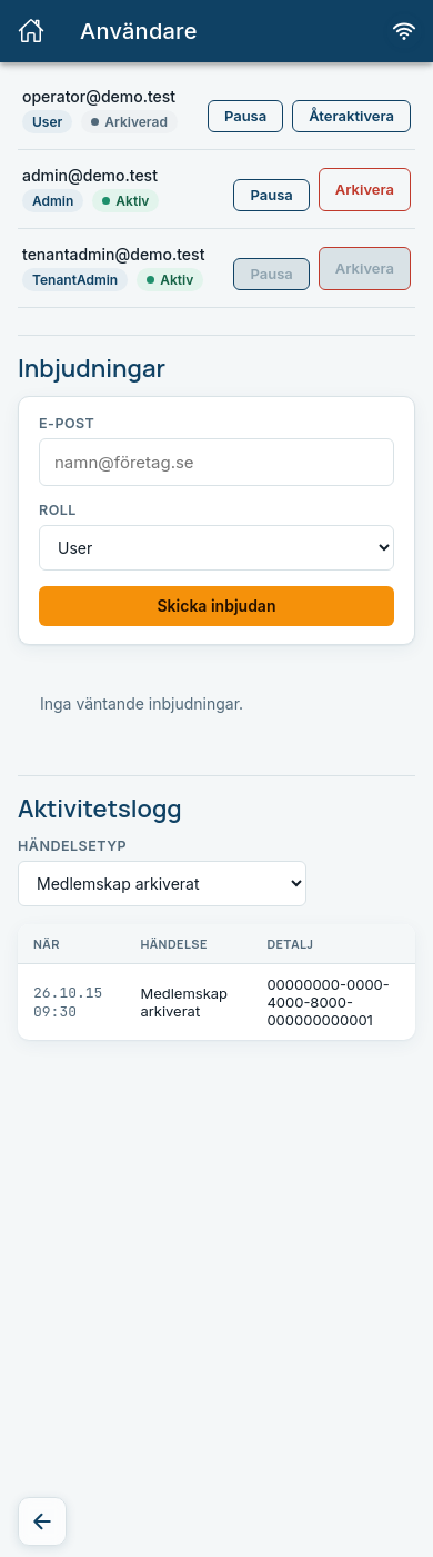 An archived user with the Återaktivera button, and the activity log filtered on Medlemskap arkiverat